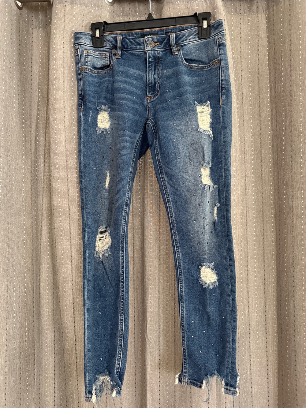 Miss Me Distressed Blue Skinny Jeans with Frayed Hems